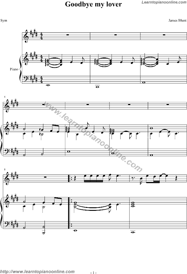 Good bye my lover by James blunt Piano Sheet Music Free