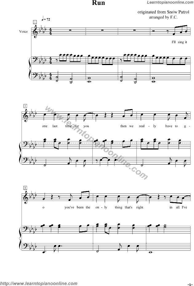 Run by Leona Lewis Piano Sheet Music Free