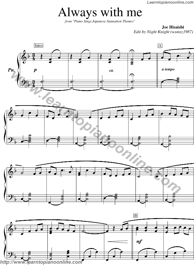 Always with me by Joe Hisaishi Free Piano Sheet Music