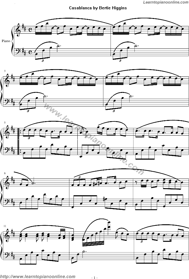 Casablanca by Bertie Higgins Free Piano Sheet Music