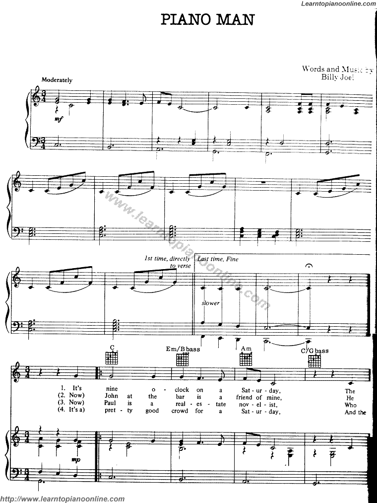 Piano Man by Billy Joel Free Piano Sheet Music Chords Tabs Notes Tutorial Score