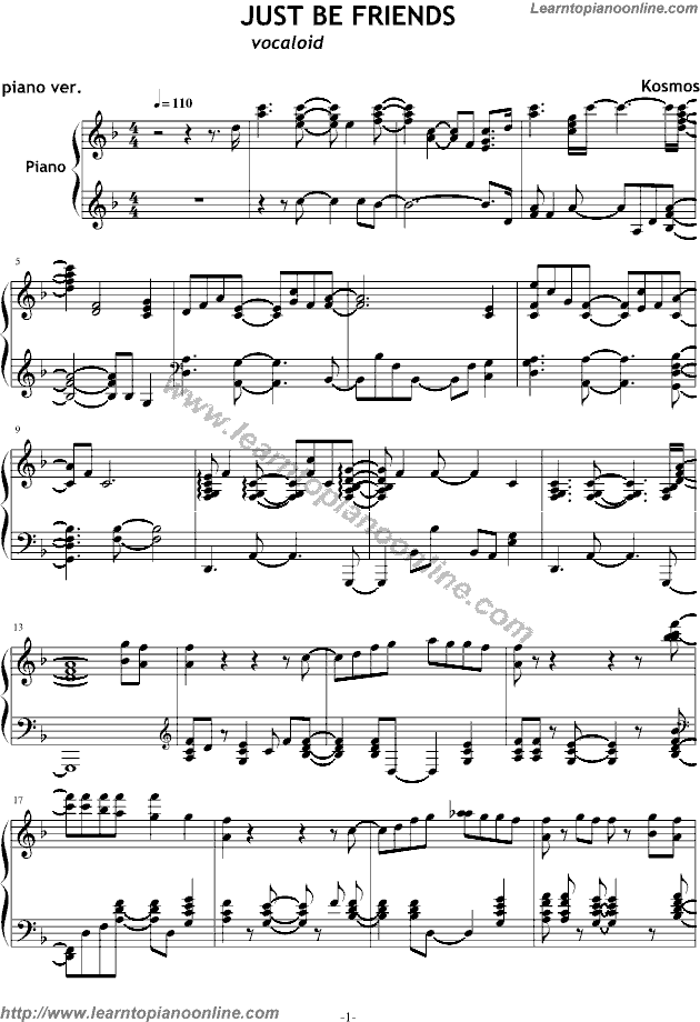 Vocaloid - Just Be Friends Free Piano Sheet Music Chords Tabs Notes Tutorial Score