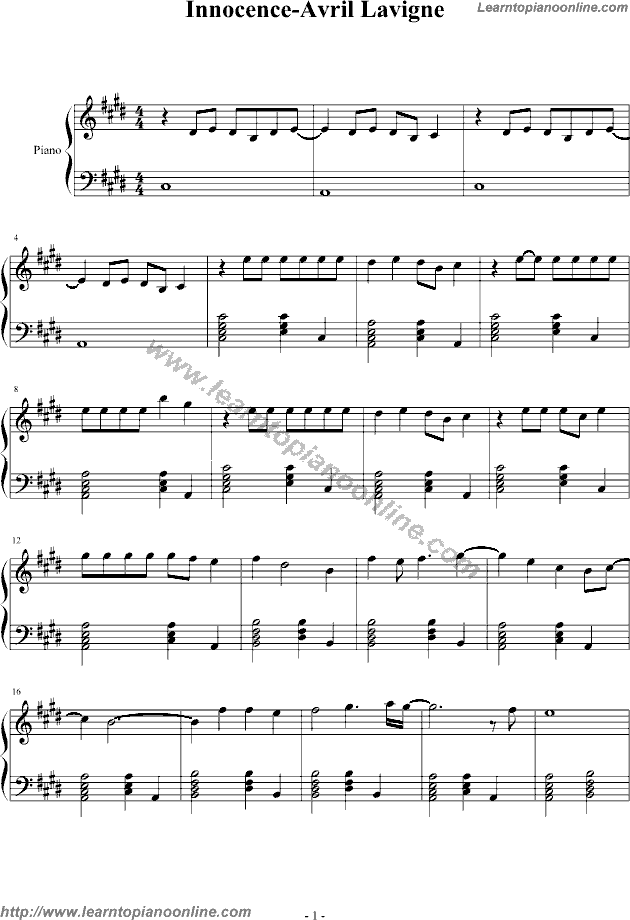 Avril Lavigne - Innocence Piano Sheet Music Free