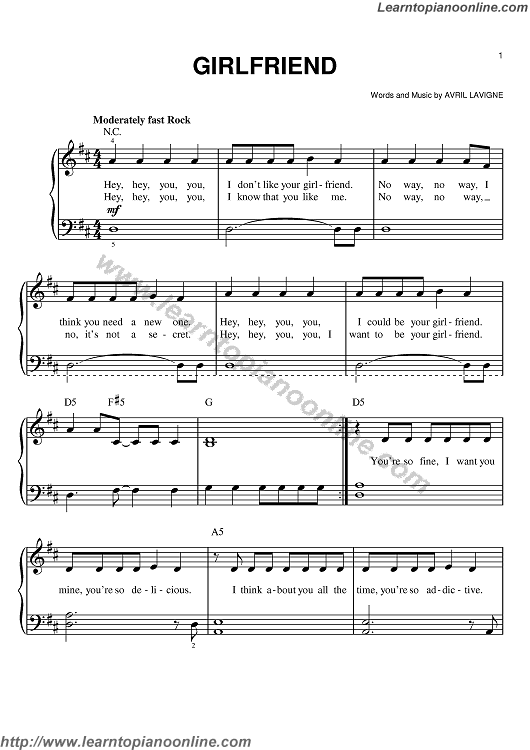 Avril Lavigne - Girlfriend Piano Sheet Music Free