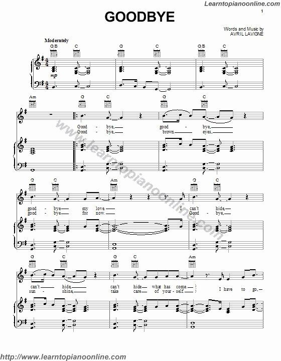 Avril Lavigne - Goodbye Piano Sheet Music Free