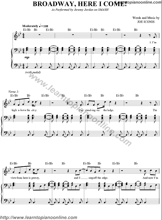 Jeremy Jordan on Smash - Broadway, Here I Come! Piano Sheet Music Free